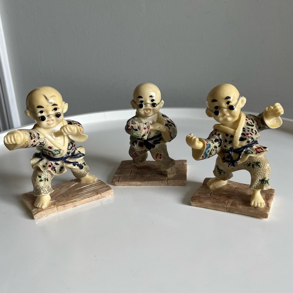Set Of 3 Vintage Resin Figurines of Young Shaolin Monks in Various Kung Fu Poses